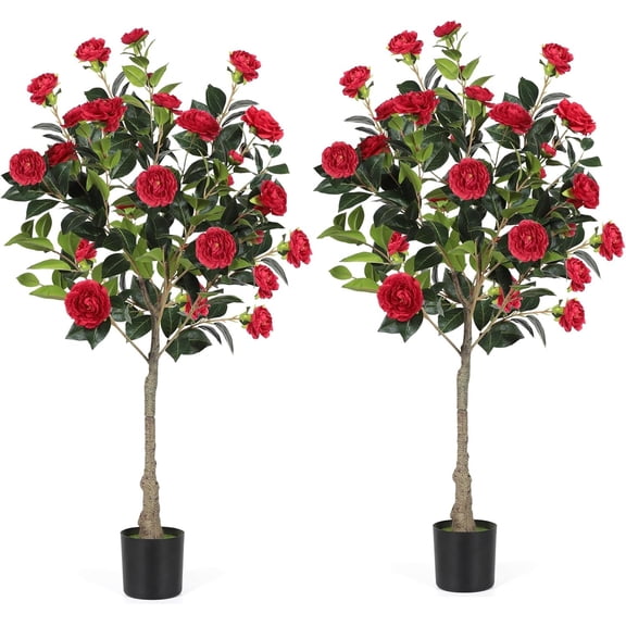 1.2M Artificial Camellia Tree (2 Pack, Red) – Lifelike Faux Potted Plant for Living Room, Bedroom, Office Decor (No Maintenance)