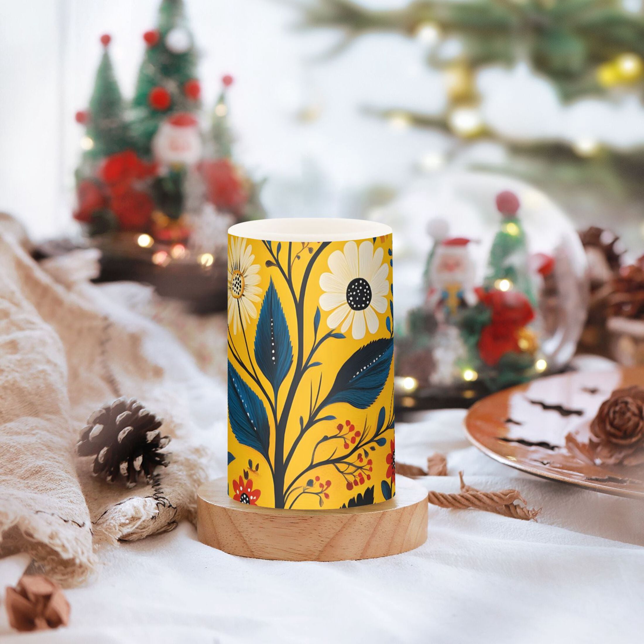 Floral Illustration Yellow Background Flickering Flameless Candles Battery Operated with Remote Timer LED Pillar Candles Set of 2