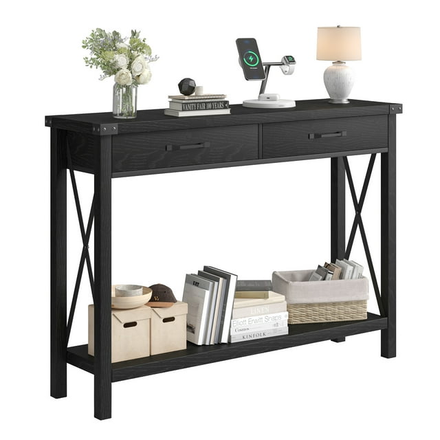 GloryStar Table Console d'Entrée Style Ferme, Design Rustique Mince avec Tiroirs et Tablette de Rangement Ouverte Inférieure