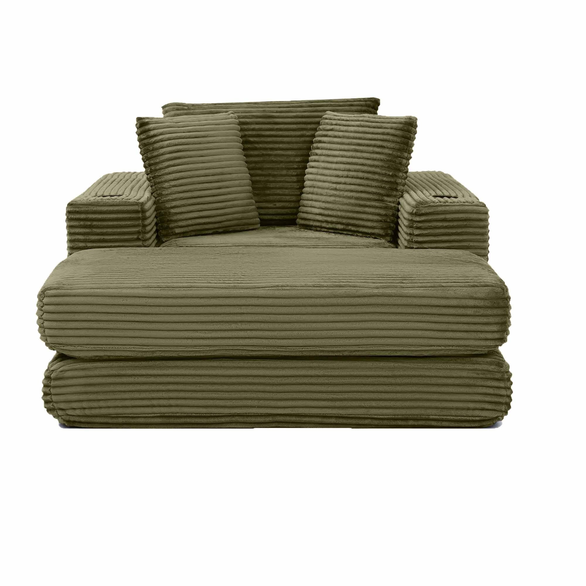 Lunale Boneless Chaise Lounge Chair with Ottoman, 52" Oversized 3-in-1 Convertible Sofa Chair for Living Room, Green Corduroy