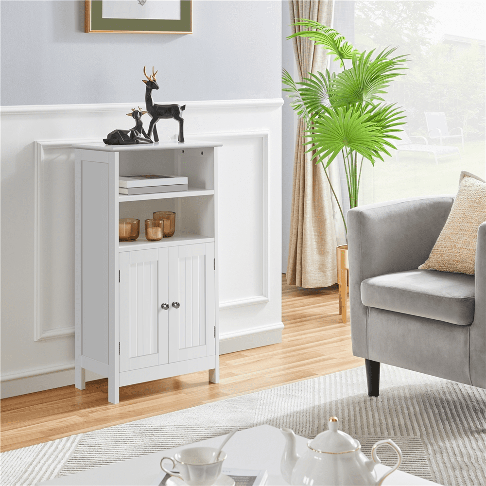 Alden Design 5-Tier Wooden Bathroom Floor Cabinet with Adjustable Shelf, White