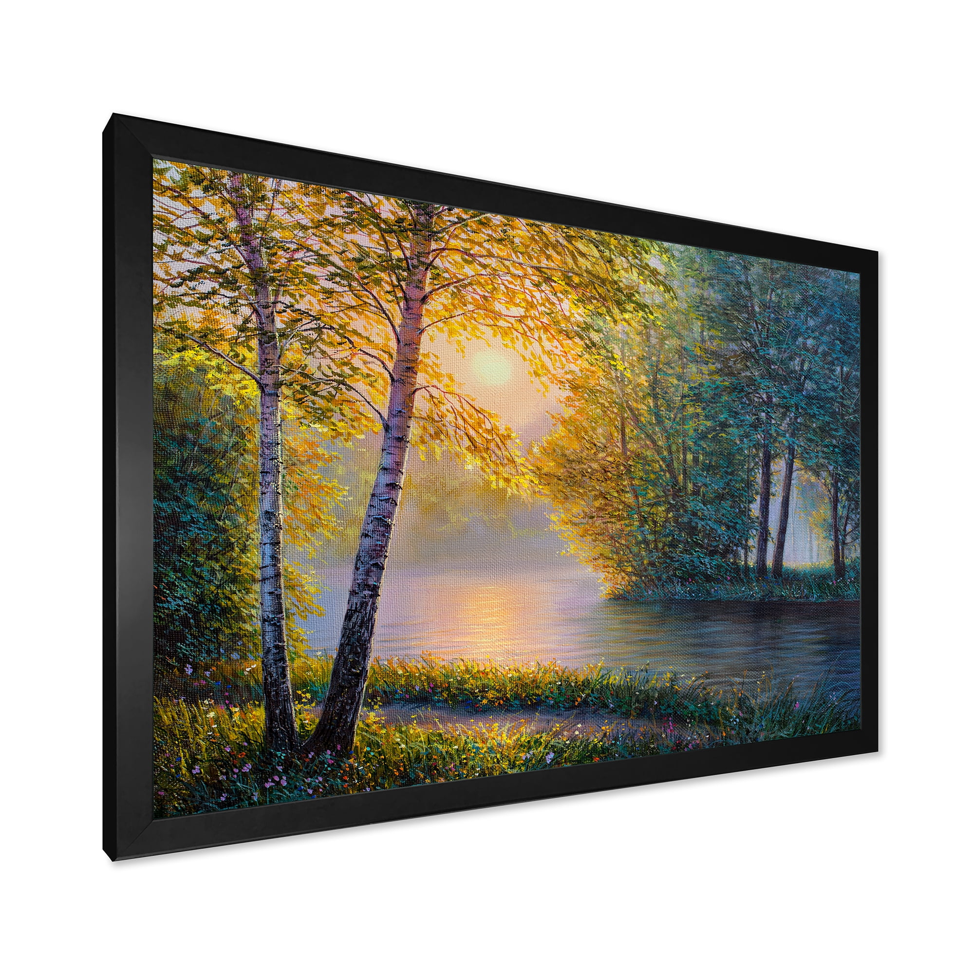 Sunrise Summer With Beautiful River Spring Forest 40 in x 30 in Framed Photography Canvas Art Print, by Designart