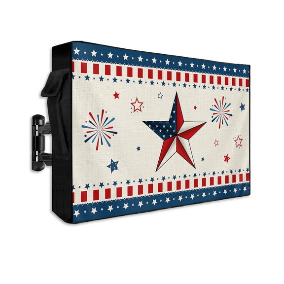4th of July Outdoor TV Cover 48 to 50 Inch Weatherproof, Blue Red Patriotic American Star 600D Oxford TV Covers with Waterproof Zipper, Outside Flat TV Screen Protector Size 48"W x 30"H x 4.5"D