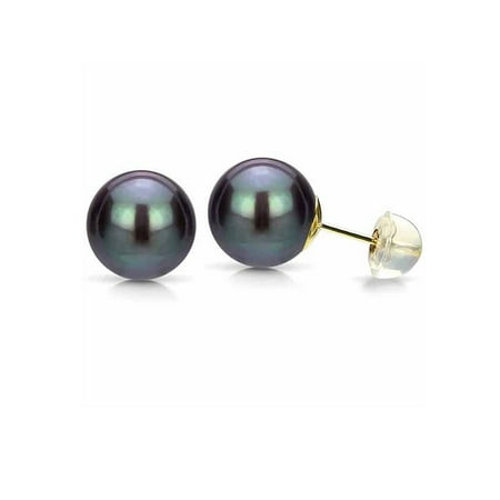 11-12mm Black Perfect Round High-Luster Freshwater Pearl 14kt Yellow Gold Stud Earrings