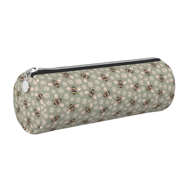Disketp Bees And Chamomile Estuche Organizador de Lápices de Cuero, Estuche de Oficina con Cremallera para Bolígrafo y Lápiz