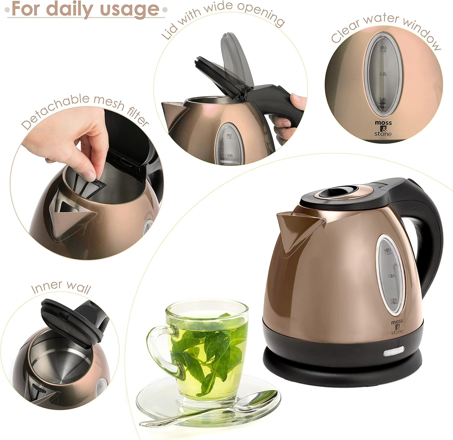Moss & Stone 1500W 1.2L Electric Kettle, Beige with Automatic Shut-Off
