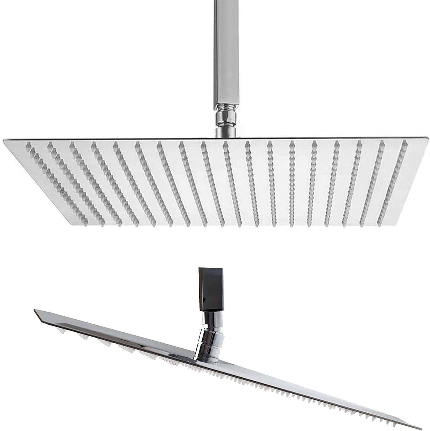 16 Inch Chrome Polish Rain Shower Head, Square Ultra Thin 304 Stainless Steel High Pressure Rainfall Shower Head