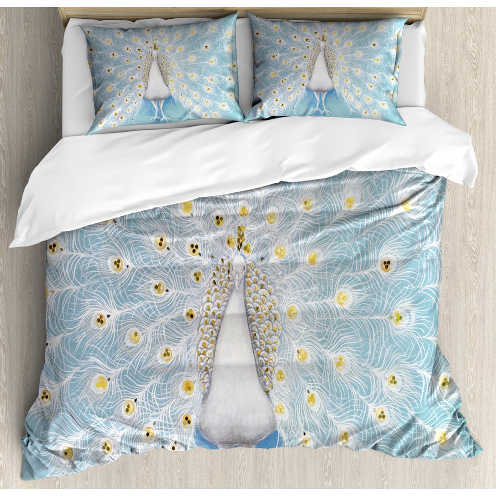 Peacock Duvet Cover Set, Peacock Pattern on the Wall Nature Colorful