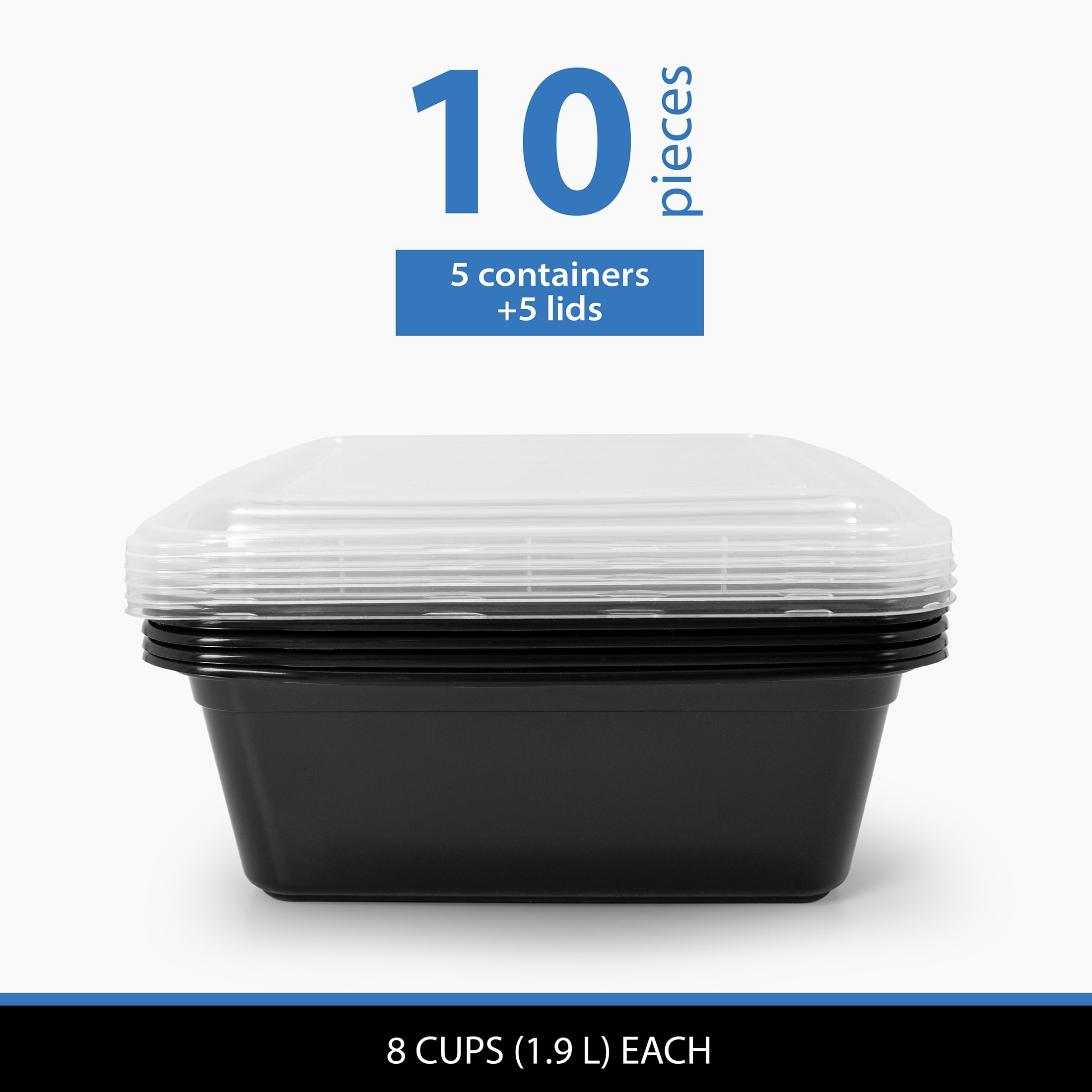 (2 pack) Mainstays 10-Piece (5 Containers + 5 Lids) 8-Cup Tall Square Meal Prep, BPA-Free, Microwave & Dishwasher Safe