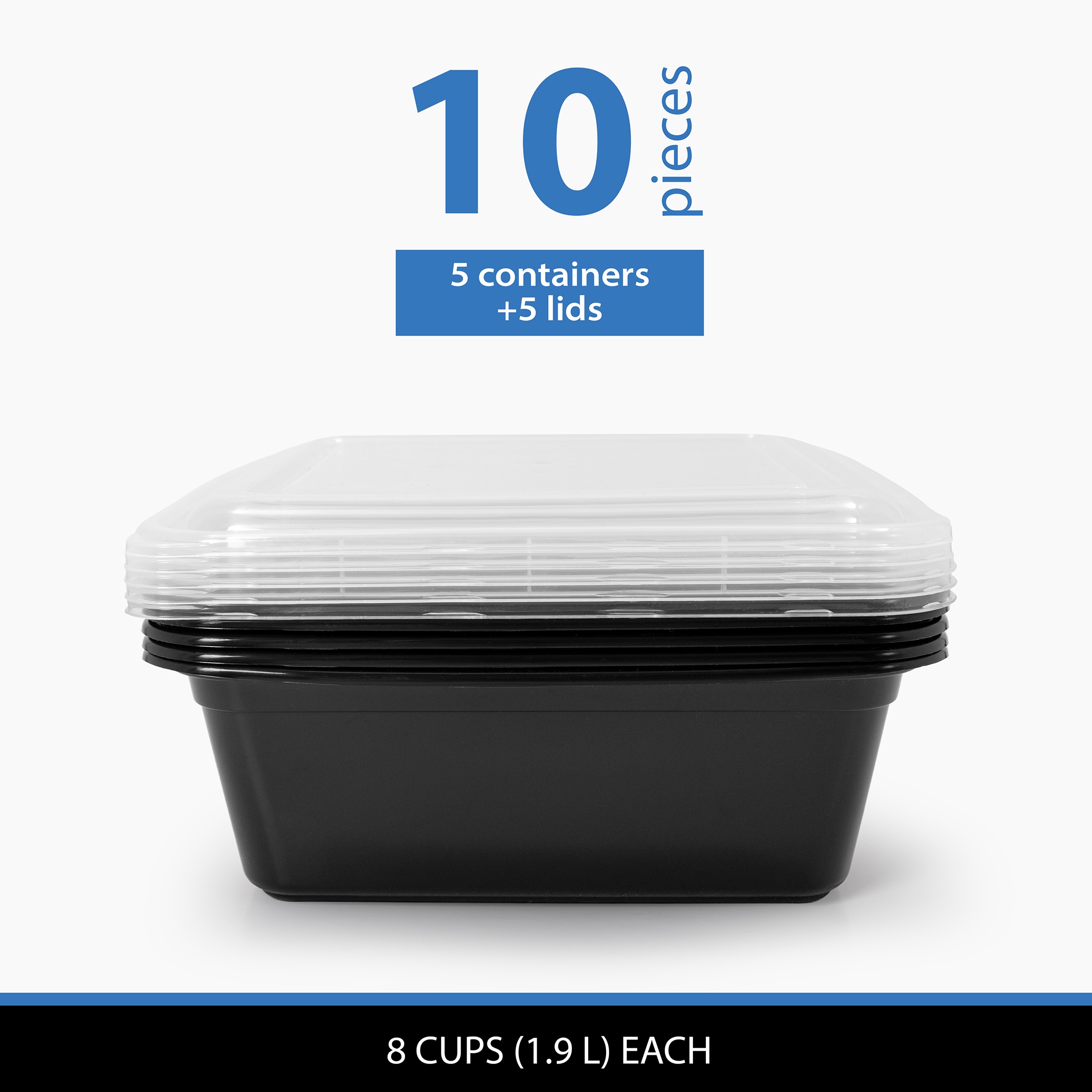 Mainstays 10-Piece (5 Containers + 5 Lids) 8-Cup Tall Square Meal Prep, BPA-Free, Microwave & Dishwasher Safe