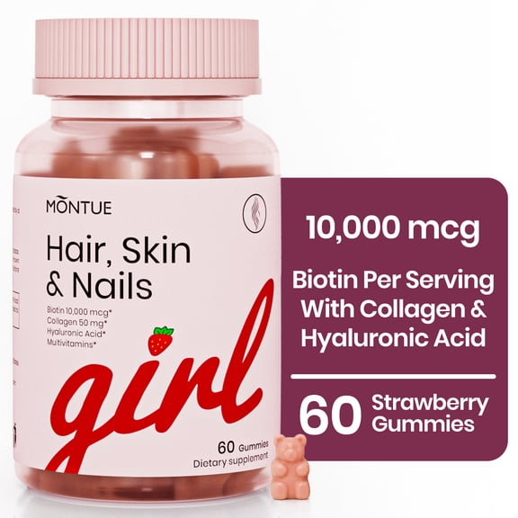 Montue Hair Skin and Nails Gummies, Biotin 10000 mcg with Collagen and Hyaluronic Acid, Strawberry Flavor, 60 Gummies