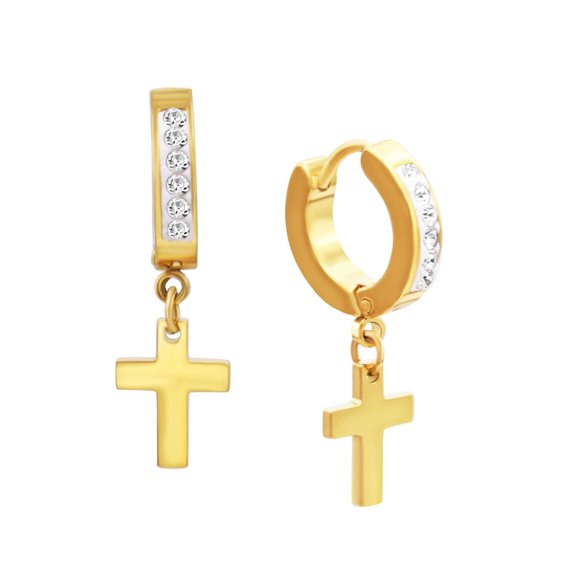 BEBERLINI Women Cross Pendant CZ Huggie Hoop Earrings 14K Gold Plated Stainless Steel Gift