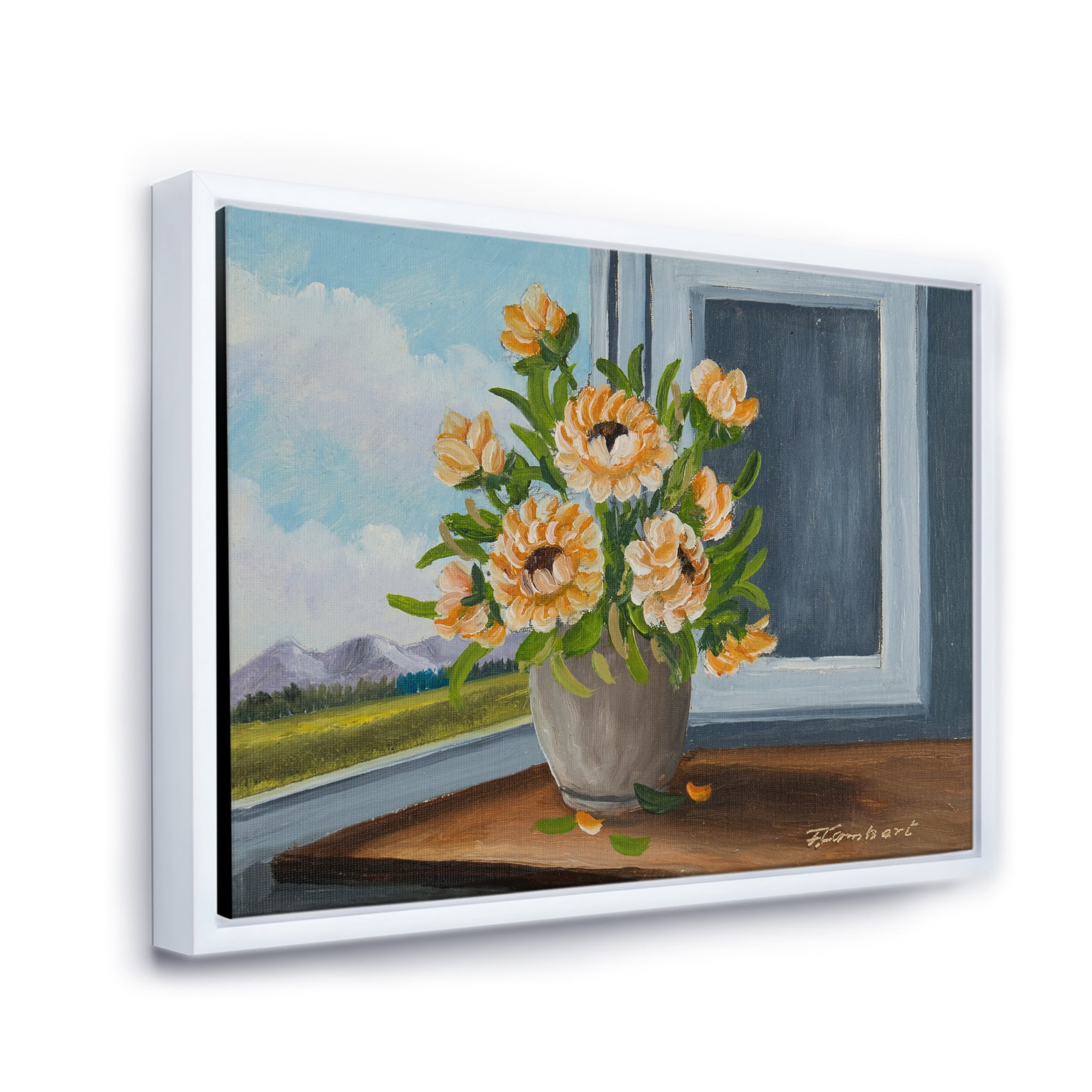 Designart 'Still Life With Orange Flowers In Vase At The Window' Traditional Framed Canvas Wall Art Print