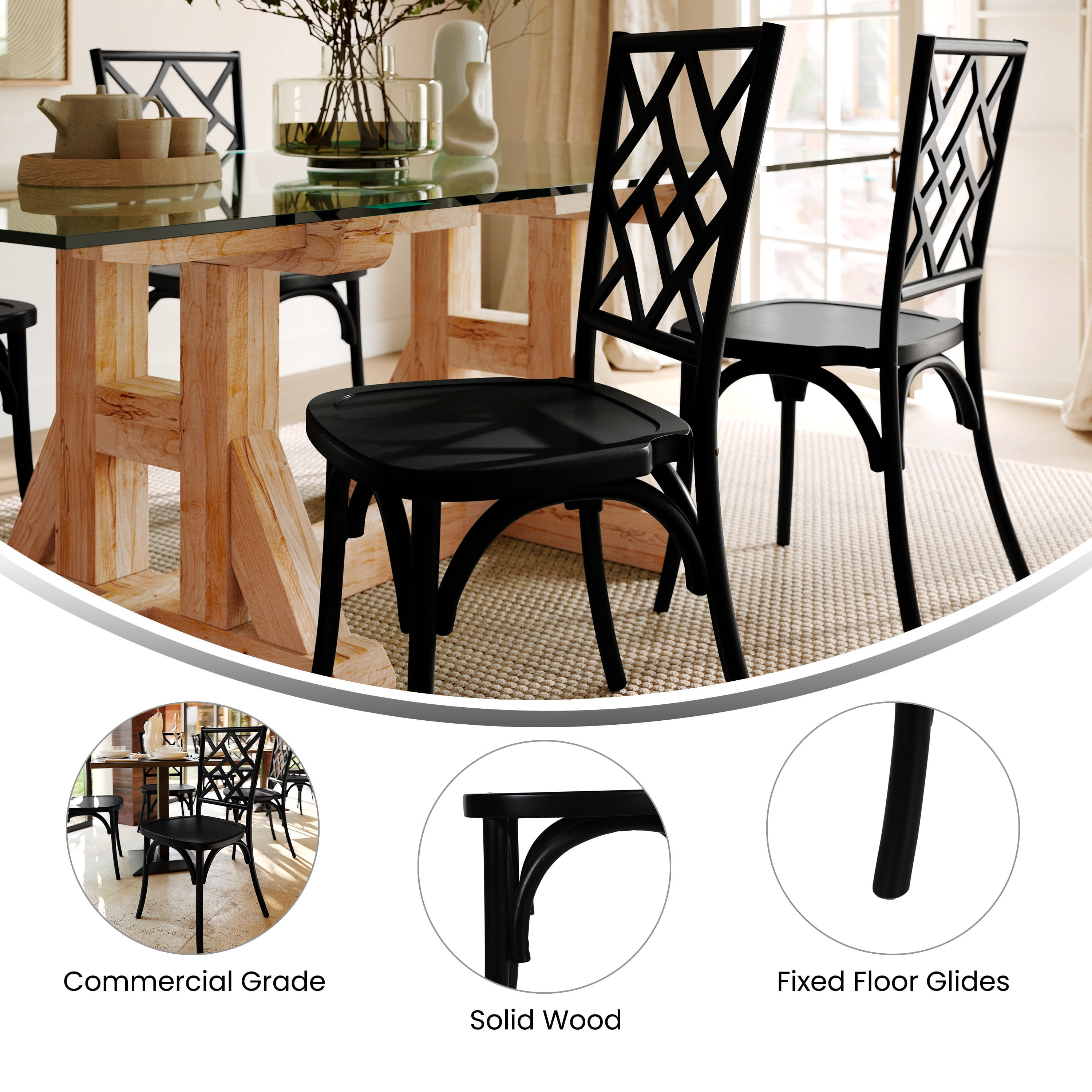 Merrick Lane Solid Wood Dining Chair with Stackable Design, Ornate Seat Back Accenting, and Elegant Finish in Black