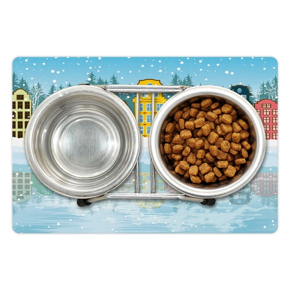 Winter Pet Mat for Food and Water, Christmas Season Themed Snowy Digital Art Multicolored Houses and Reflection on Sea, Non-Slip Rubber Mat for Dogs and Cats, 18" X 12", by Ambesonne