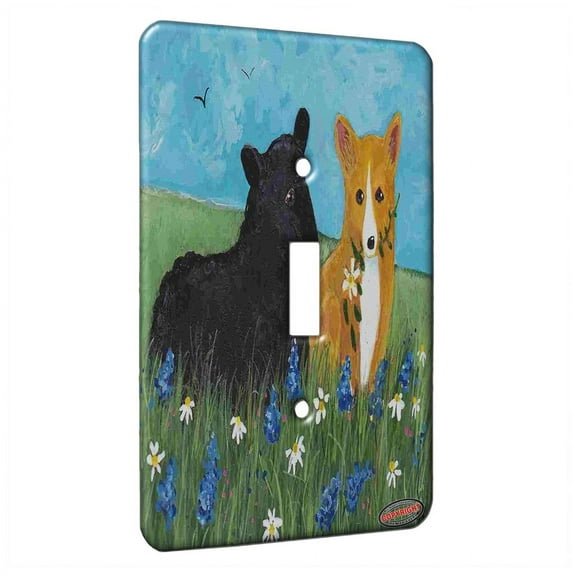 KuzmarK™ Single Gang Toggle Switch Wall Plate - Welsh Corgi with Black Sheep and Summer Wildflowers Dog Art by Denise Every