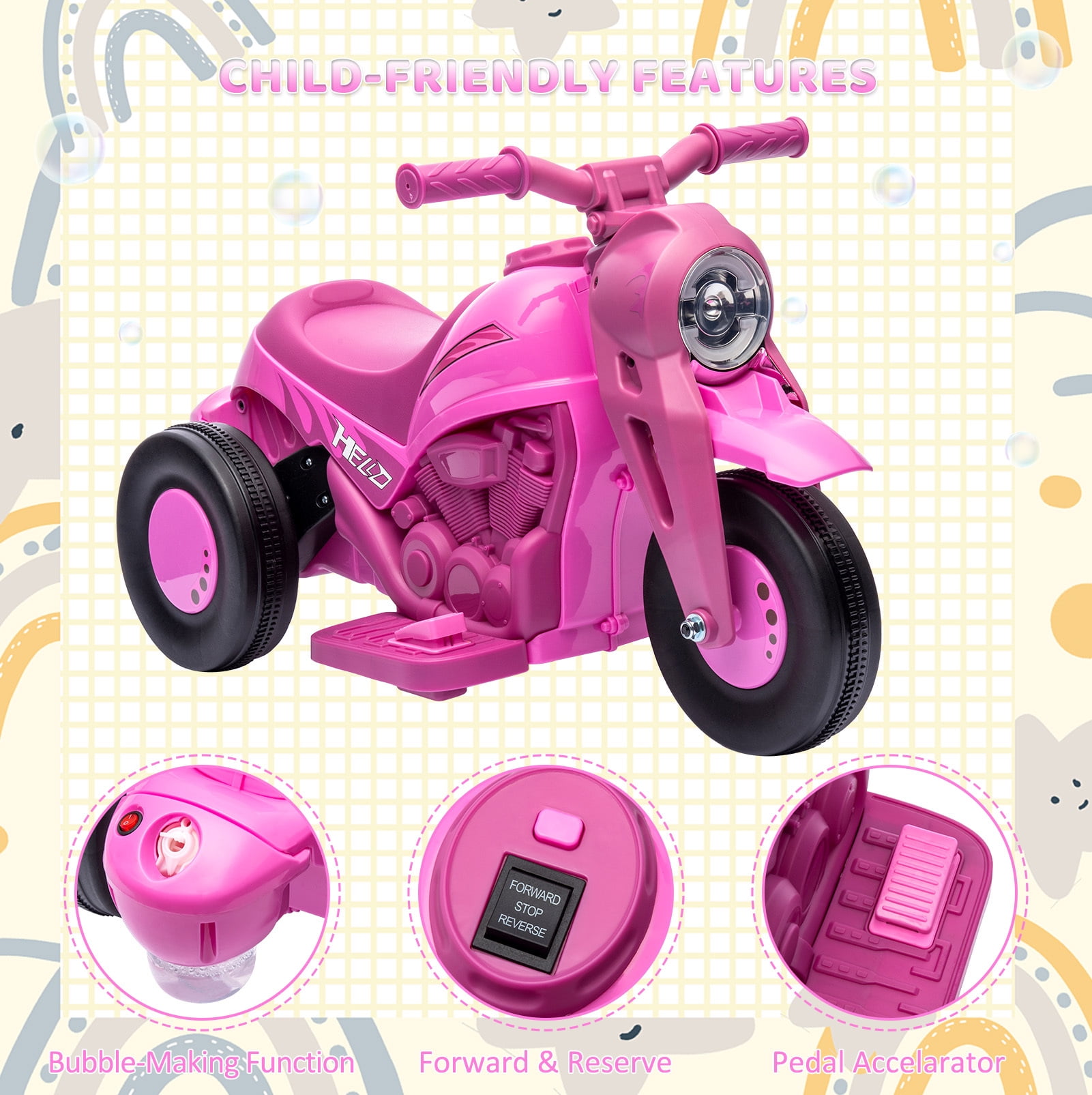 6V Kids Ride on Bubble Car, Battery Powered Electric Motorcycle with Music Button and LED Headlight, 3 Wheels Motorbike Toys Gift for Toddler 3+ Boys Girls, Pink