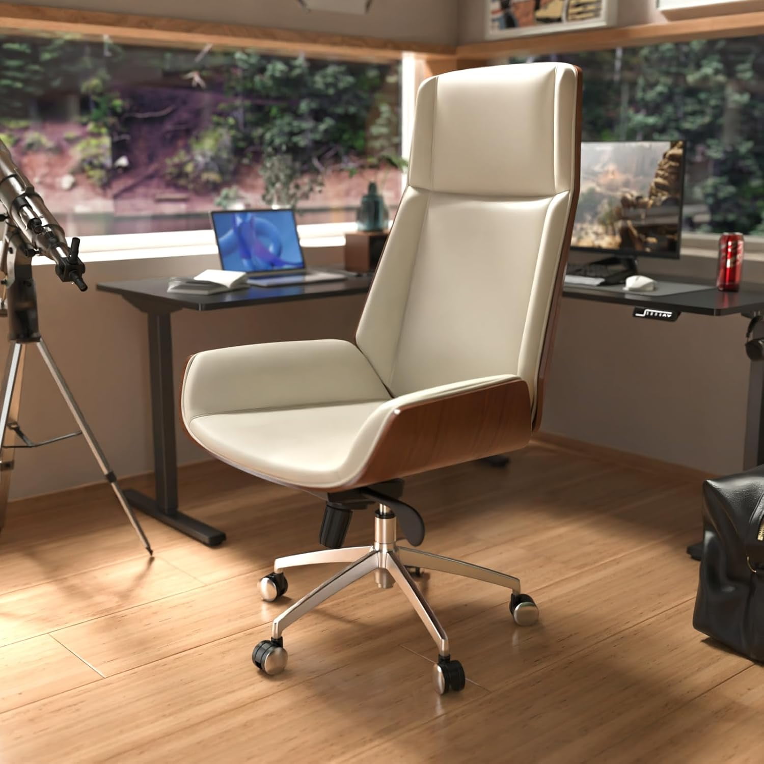 FOH Luxury Wooden Swivel and Adjustable Executive Chair, Wide Pu Leather Office Chair, Modern and Vintage Design High Back Computer Desk Chair for Conference Rooms and Home Offices