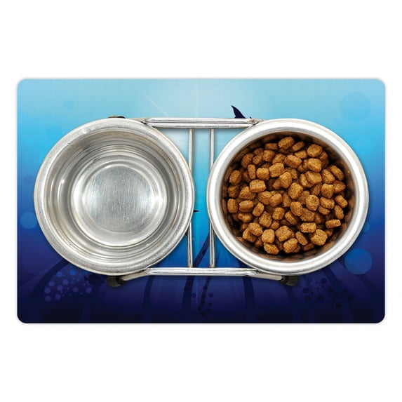 Deep Sea Pet Mat for Food and Water, Big Sharks Circling Under the Water Illustration, Non-Slip Rubber Mat for Dogs and Cats, 18" X 12", by Ambesonne