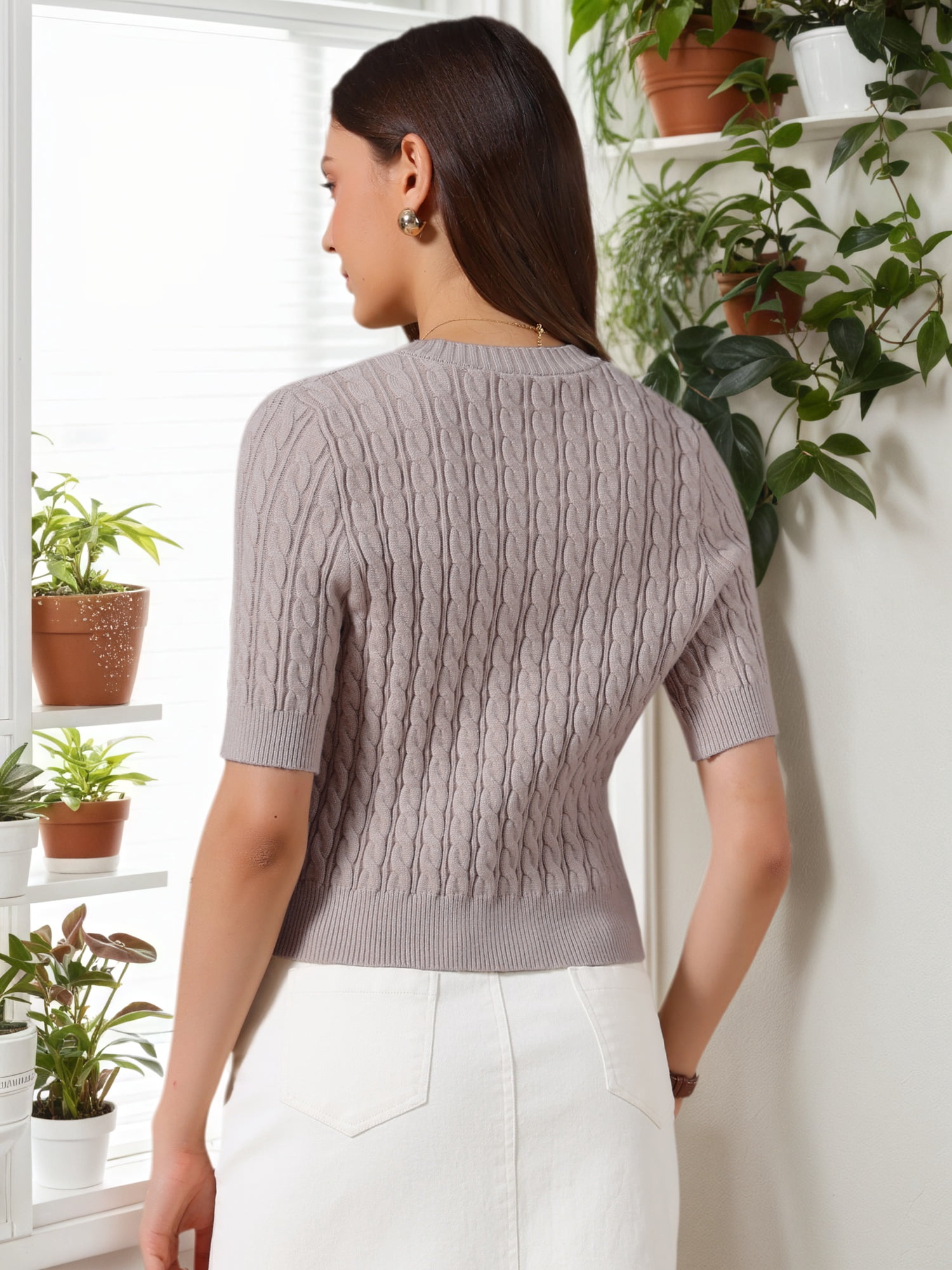 DARING DIVA Women's Short Sleeve Button Down Cable Knit Dressy Sweater S Grey
