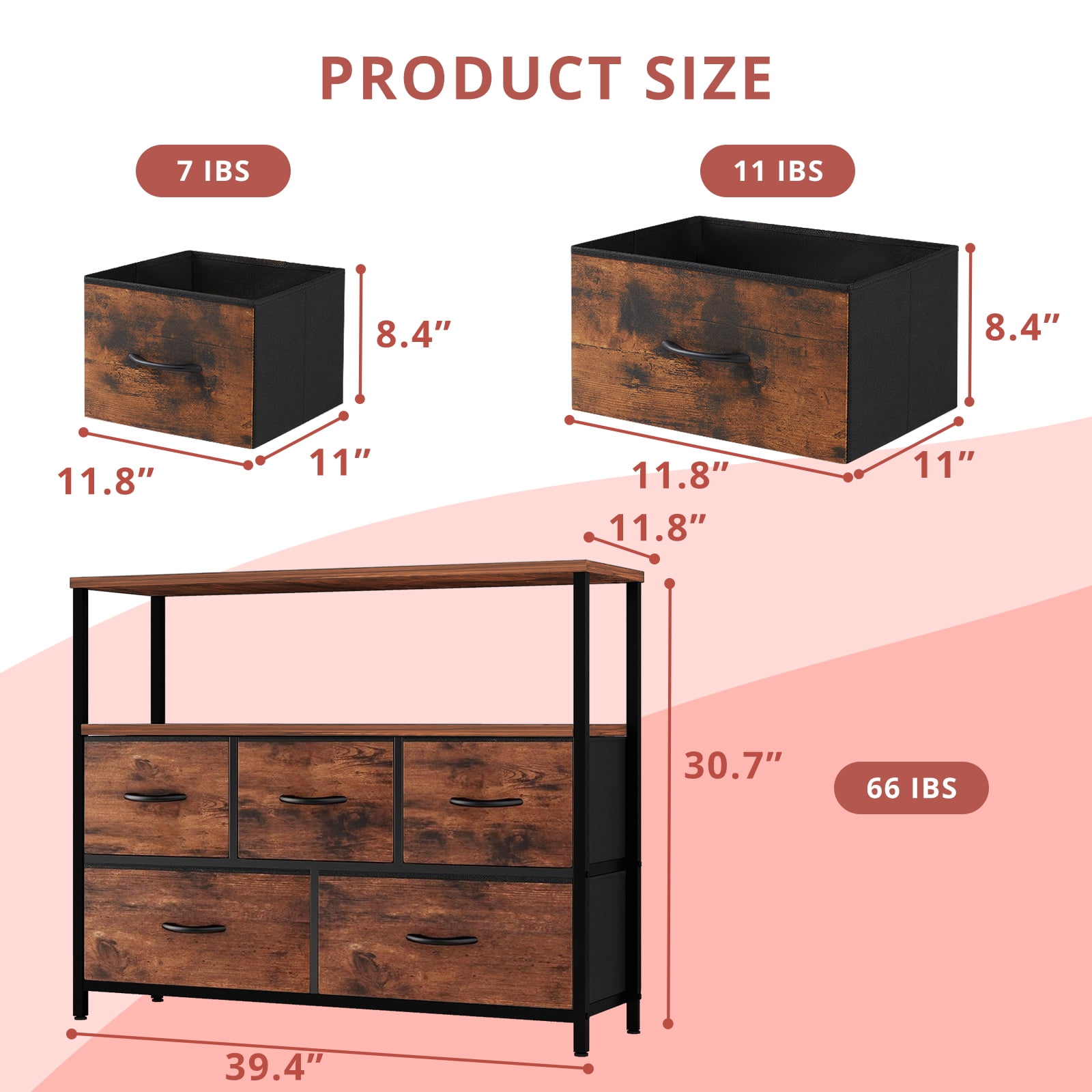 Small TV Stand, Brown Dresser TV Stand for Bedroom, Entertainment Center for 45 Inch TV with Drawers, Fabric, Adjustable Feet, Living Room