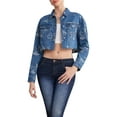 thumbnail image 2 of Women'S Cropped Butterfly Printed Denim Jacket Button Down Long Sleeve Fitted Crop Top Jean Coat Blue S, 2 of 9