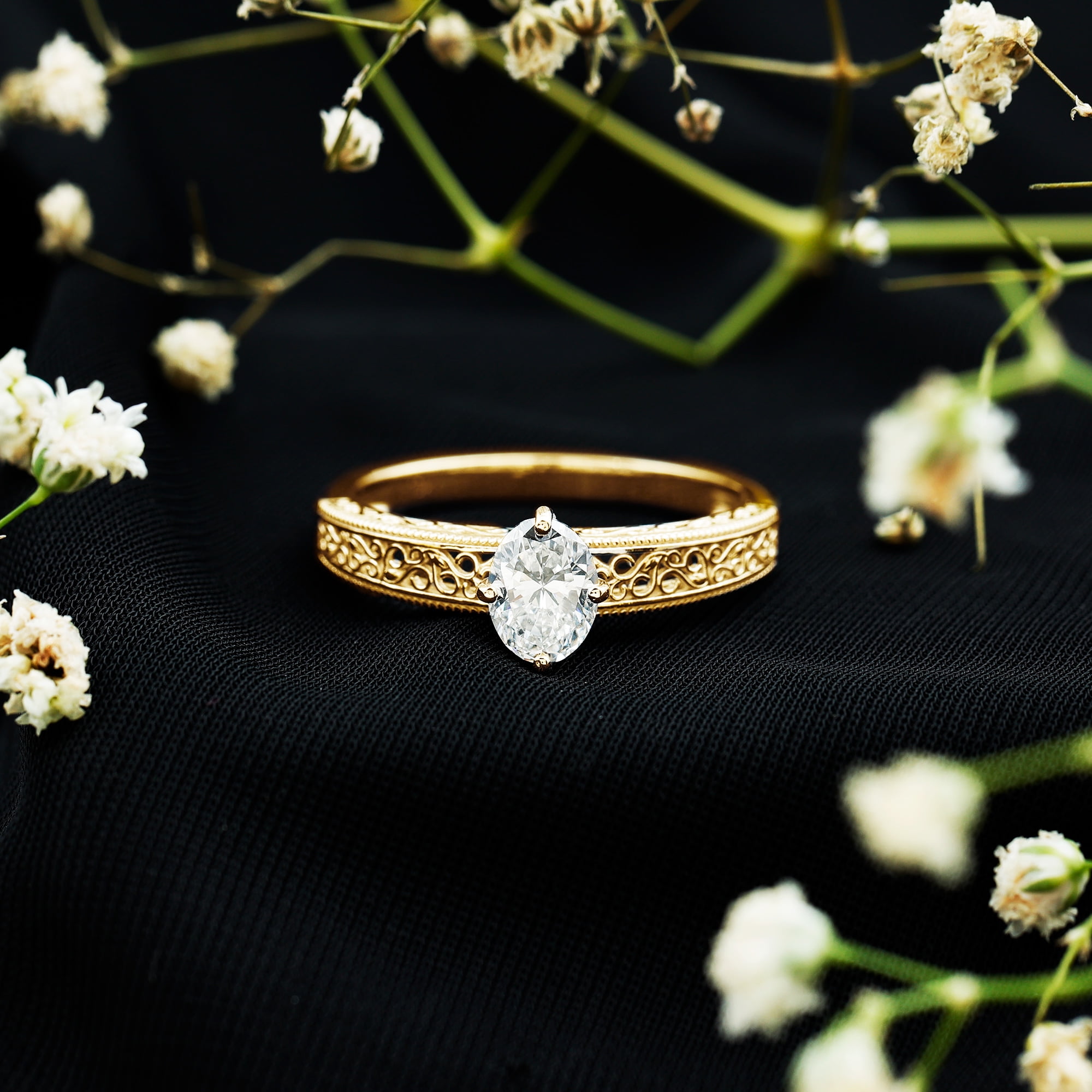 Rosec Jewels Vintage Inspired Lab Diamond Oval Engagement Ring - 1 Carat - Ready To Gift for Women, 10K Yellow Gold, US 9.00