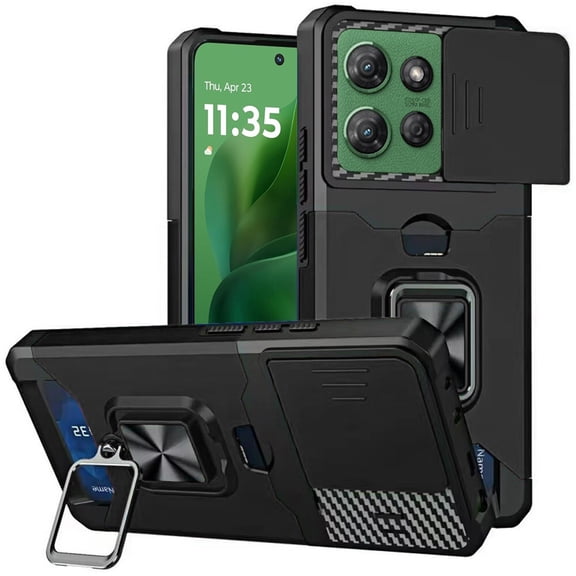For Pinwheel Slim 7 Multi-Functional Ring Kickstand Hybrid Cell Phone Cover Case - MF Black
