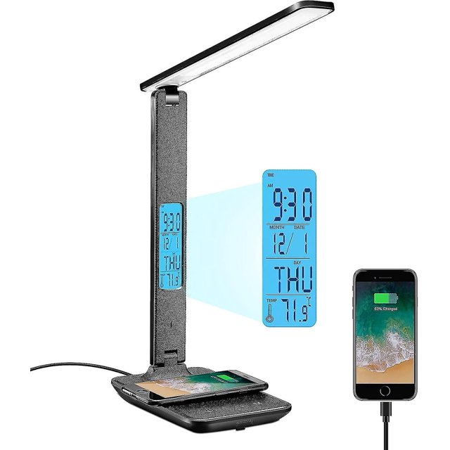 Lámpara de escritorio, lámpara de escritorio LED con carga inalámbrica, puerto de carga USB, lámpara de mesa plegable ajustable con C, alarma,