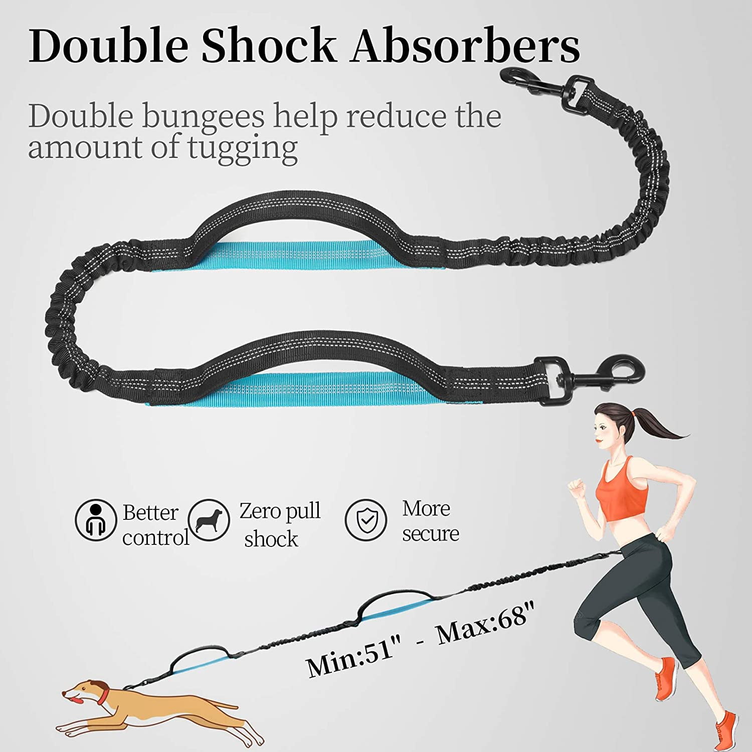 Hands Free Dog Leash with Zipper Pouch, Dual Padded Handles and Durable Bungee for Walking, Jogging and Running Your Dog (Medium, 8-25 lbs, Black)