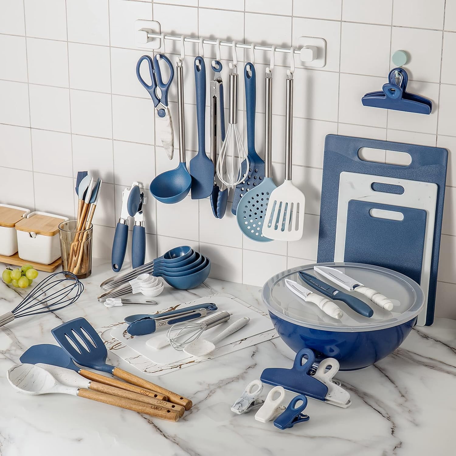 COOK WITH COLOR 3-Piece Cutting Board Set, Non-slip Chopping Board Kitchen Utensils Set Home Essentials, Blue White