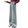 thumbnail image 5 of Generic Tween Girls Jeans Wide Leg Baggy Loose Denim Pants Heart Embroidery Y2K Elastic Waist Trousers Kids Streetwear Dance Washed, 5 of 5