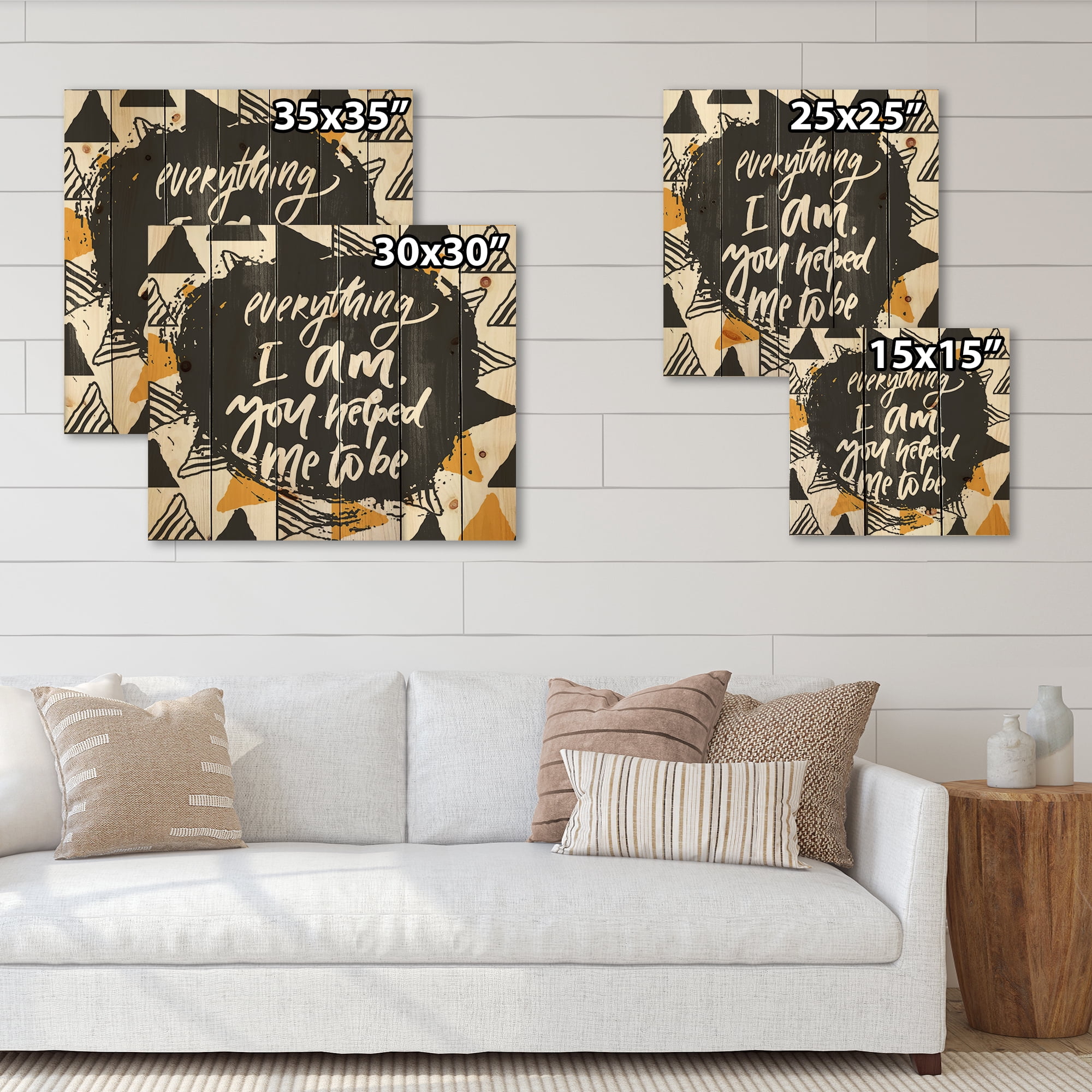 Designart 'Everything I Am You Helped Me To Be On Triangle Pattern' Mid-Century Modern Print on Natural Pine Wood