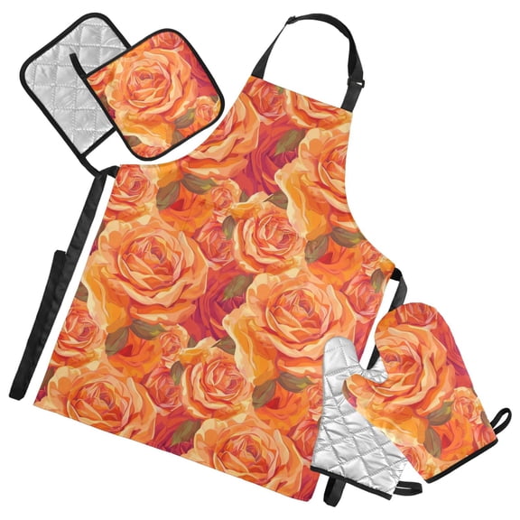 Beautiful Orange Rose 5 Pcs Kitchen Set Heat Resistant Oven Mitts and Non-Slip Pot Holders with Adjustable Cooking Apron