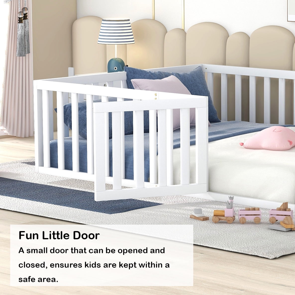 Bellemave Full Size Floor Bed with Fence and Door, Wood Montessori Bed Frame, Floor Bed Frame, Slats Not Included (Full,White)