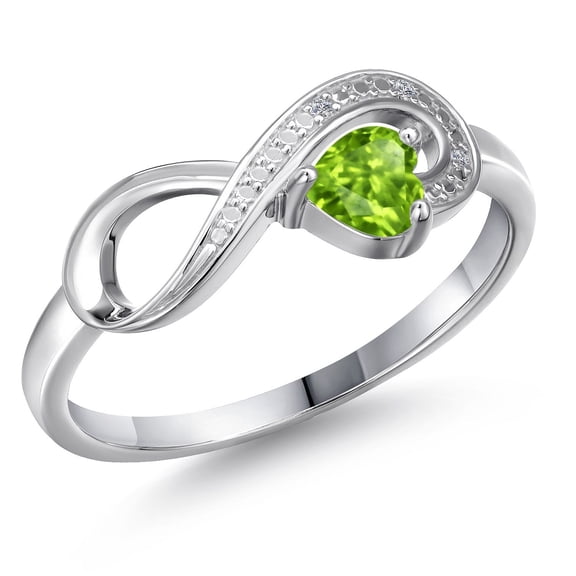 Gem Stone King 10K White Gold Green Peridot and White Diamond Accent Infinity Ring for Women (0.31 Cttw, Heart Shape 4MM, Gemstone August Birthstone, Size 5)
