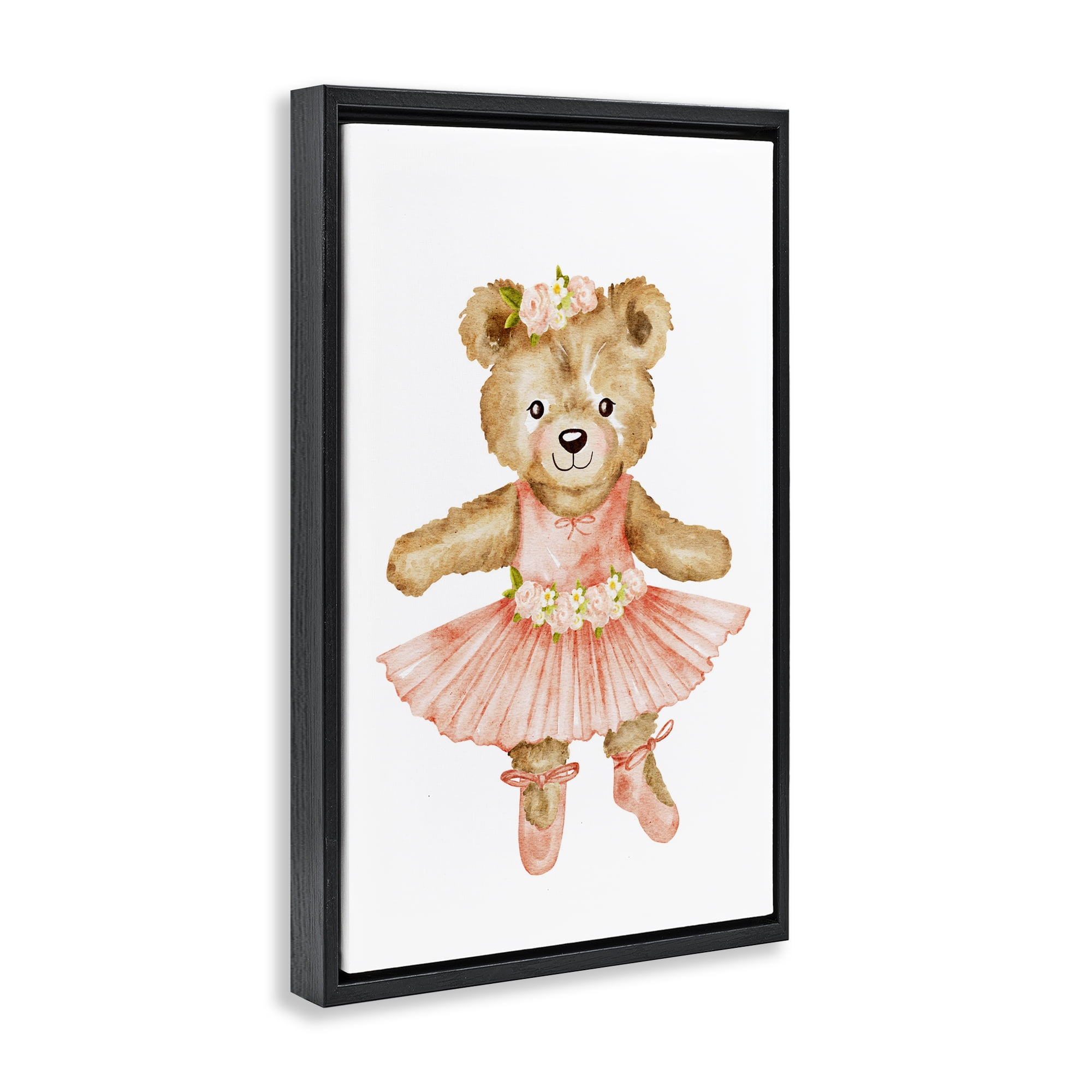 Floral Ballerina Teddy Bear Black Framed Floater Canvas Wall Art, design by Amy Hall