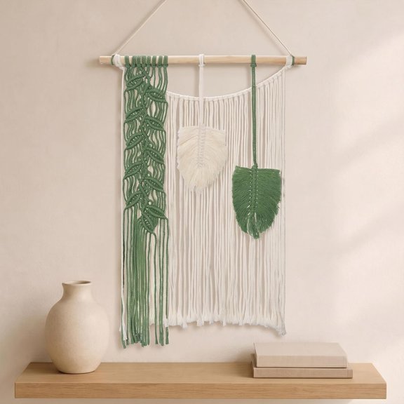 LQSEO Macrame Wall Hanging with Sage Green Feather Leaves 15.75" X 21.65" | Wall Decor Olive Chic Cotton Tassel Tapestry, Modern Farmhouse Nursery Bedroom Living Room Gallery Wall Art