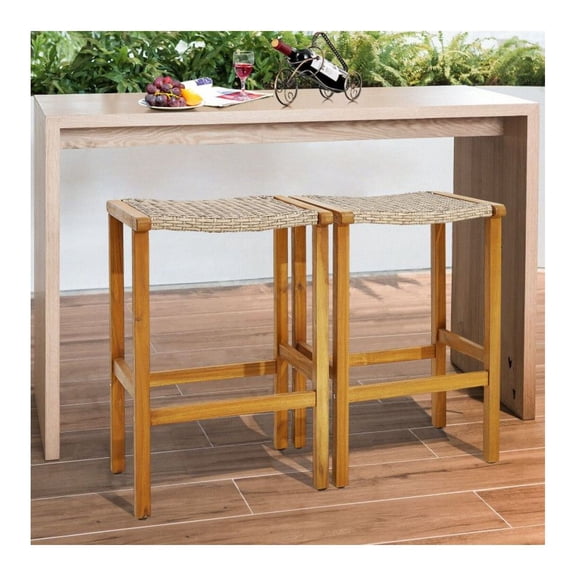 Patio Bar Stools Set of 2/4, Acacia Wood Outdoor Bar Chairs with Rattan Seat & Footrest, Rustic Style Bistro Furniture for Backyard, Poolside, Balcony