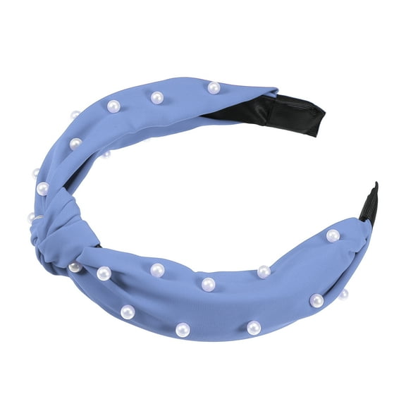 Vocoste 1 Pcs Hairband for Women Satin Knotted Pearl Headband Blue 1.1 Inch Wide