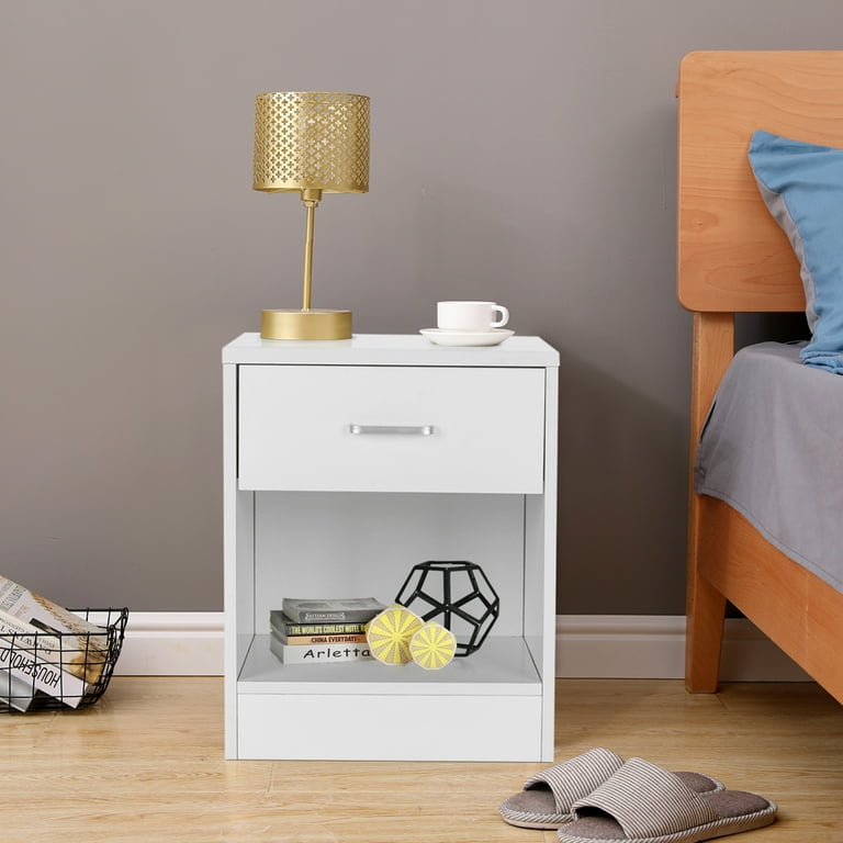 Zimtown Pair of Elegant White Wood Night Stands with Drawer