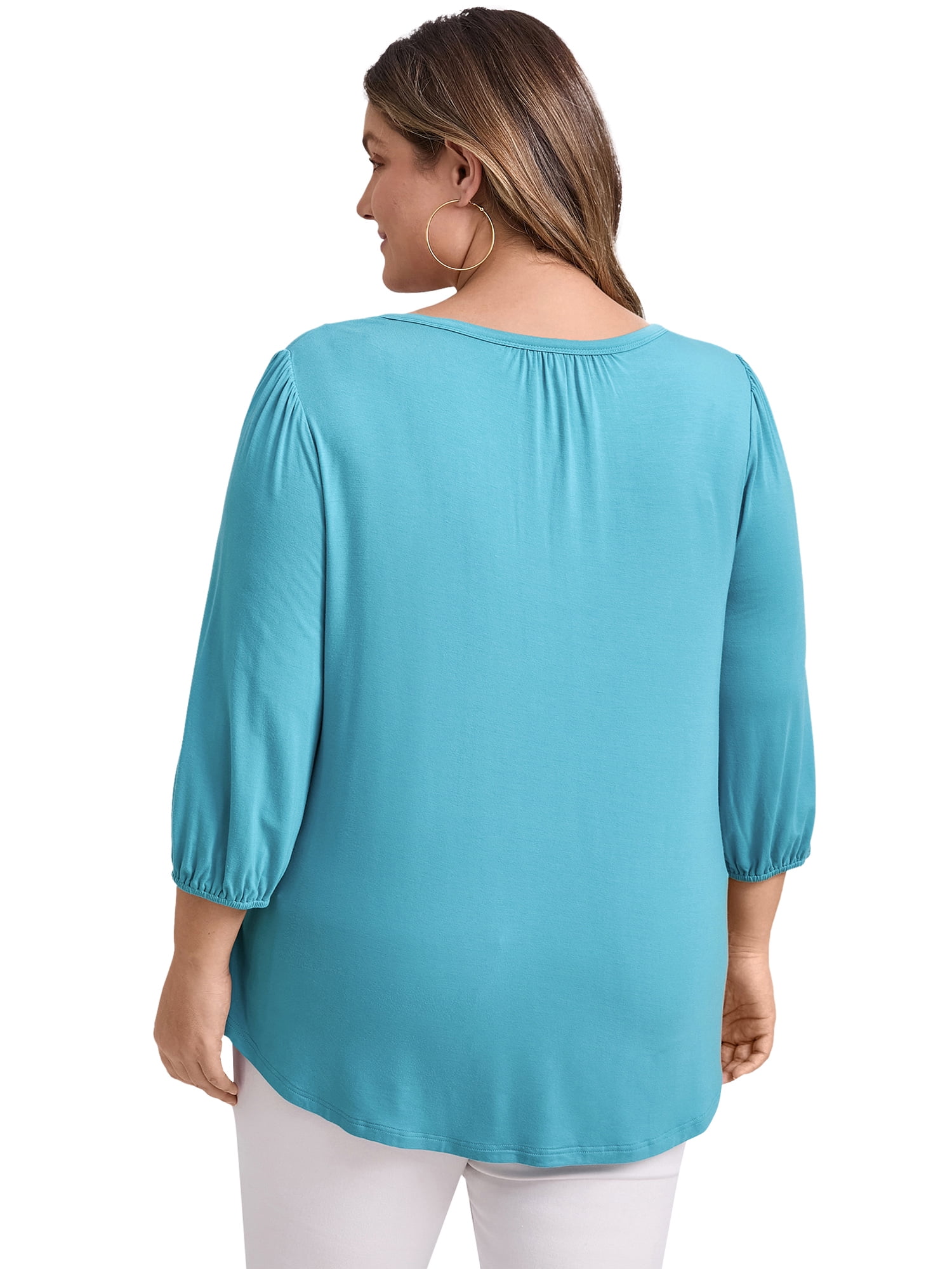 DARING DIVA Women's Plus Smocked 3/4 Sleeve Notch V Neck Blouse 2X Lake Blue