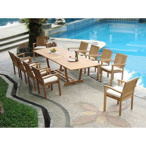 Teak Dining Set:10 Seater 11 Pc - Large 117" Mas Rectangle Table(Trestle Leg) and 10 Stacking Leveb Arm Chairs Outdoor Patio Grade-A Teak Wood WholesaleTeak #WMDSLVf