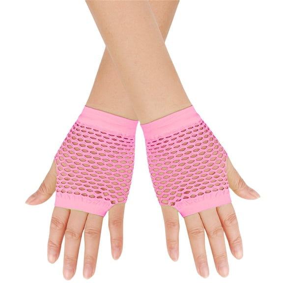 JFGHDG Rhinestone Fishnet Gloves for Women Short Mesh Fingerless Gloves for 80s Party Costumes Pink One Size