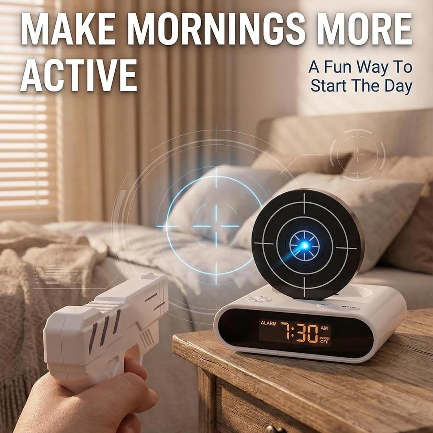 Alarm Clock with Gun, Interactive Shooting Game, Large LED Display, Custom Ringtones & 2 Alarm Modes, Fun Shot Timer Clock for Heavy Sleepers, Bedroom Home Office (#B)