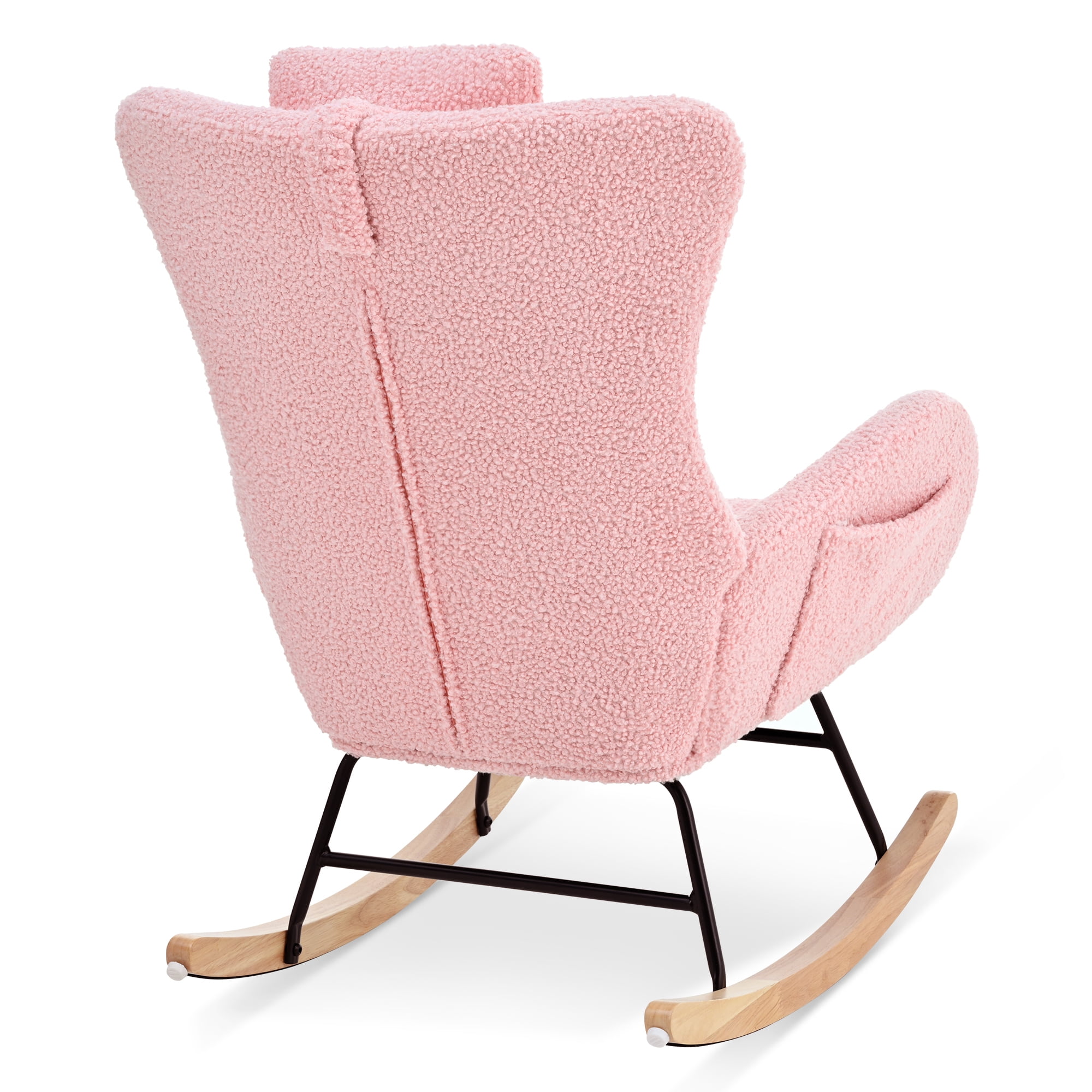 Rocking Chair Nursery, Teddy Upholstered Rocker Glider Chair w/High Backrest, Adjustable Headrest & Pocket, Comfy Glider Chair for Nursery, Bedroom, Living Room, Offices, Rubber wood, pink 17753