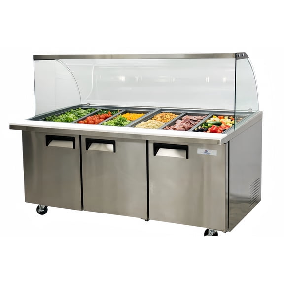 72" Commercial Salad Bar Refrigerator with Glass Guard, 3-Door Stainless Steel Prep Table