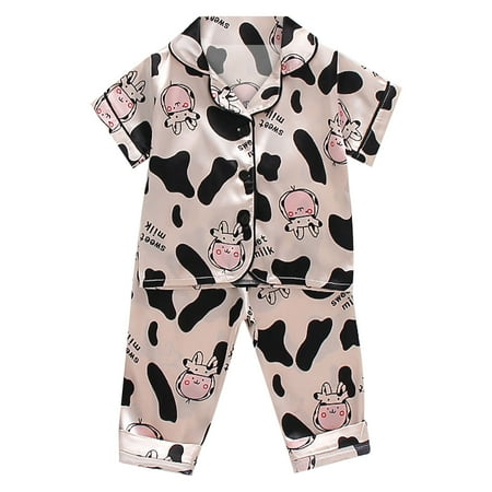 

ZMHEGW Kids Pajamas Satin Short Sleeve Cartoon Button Down Shirt Tops + Long Pants Silk Sleepwear Outfits Loungewear Set Baby Girl Pajamas