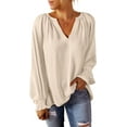 thumbnail image 3 of Women's Shirts  2023 Gathered Long Sleeve V Neck Casual Chiffon Shirt Tops, 3 of 9