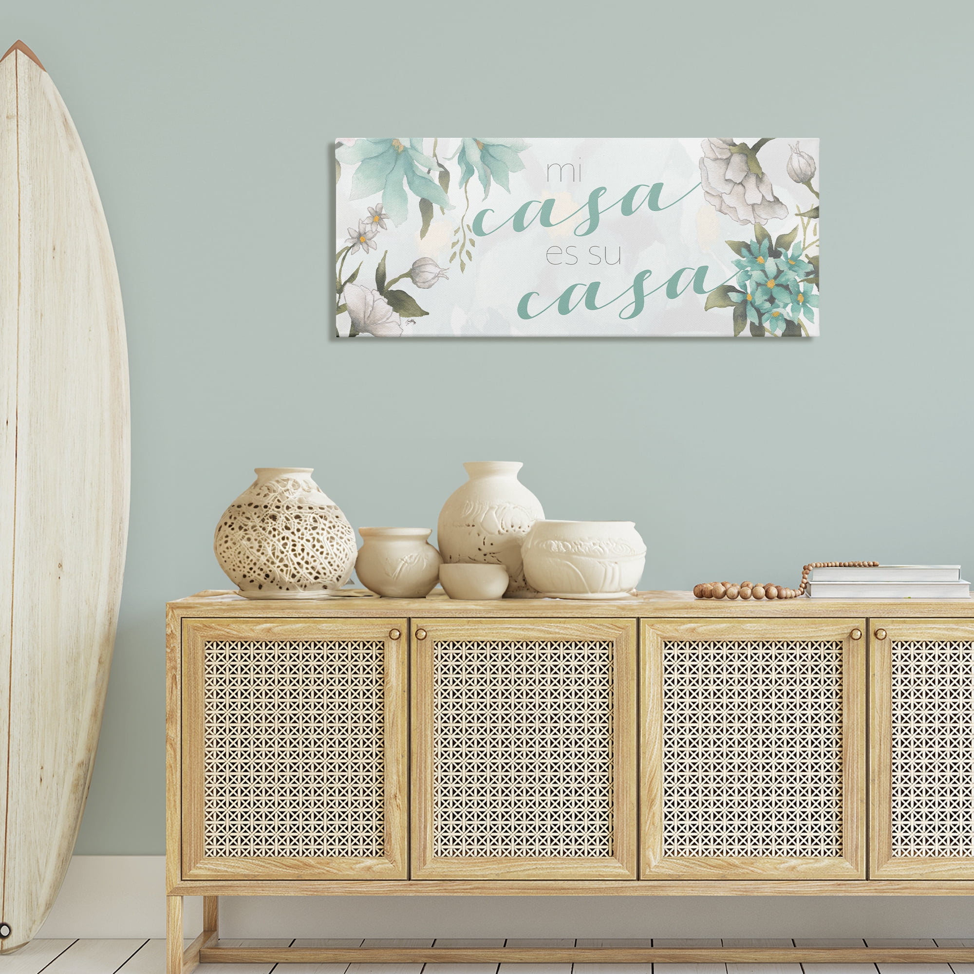 Stupell Industries Mi Casa Su Casa Flores Inspirational Quotes & Sayings Painting Wrapped Canvas Art Print Wall Art, 48 x 20